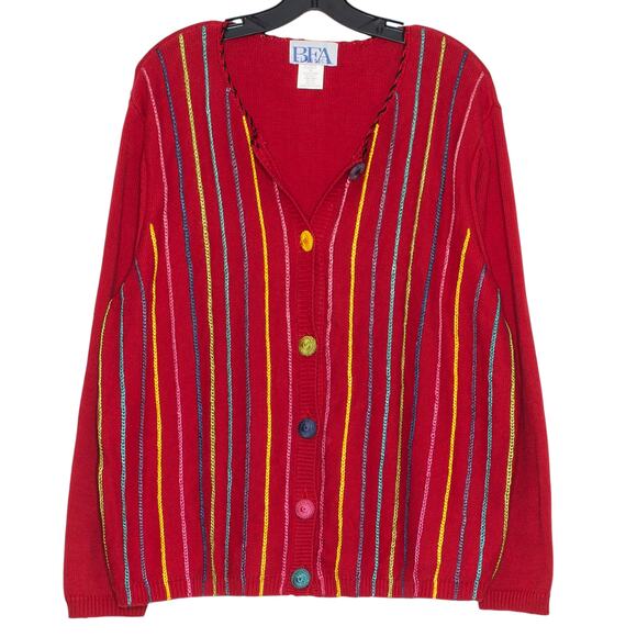 Vintage Cardigan Sweater Rainbow Cottage Preppy 90s Cozy Retro Stripe Red 1X - Picture 1 of 6